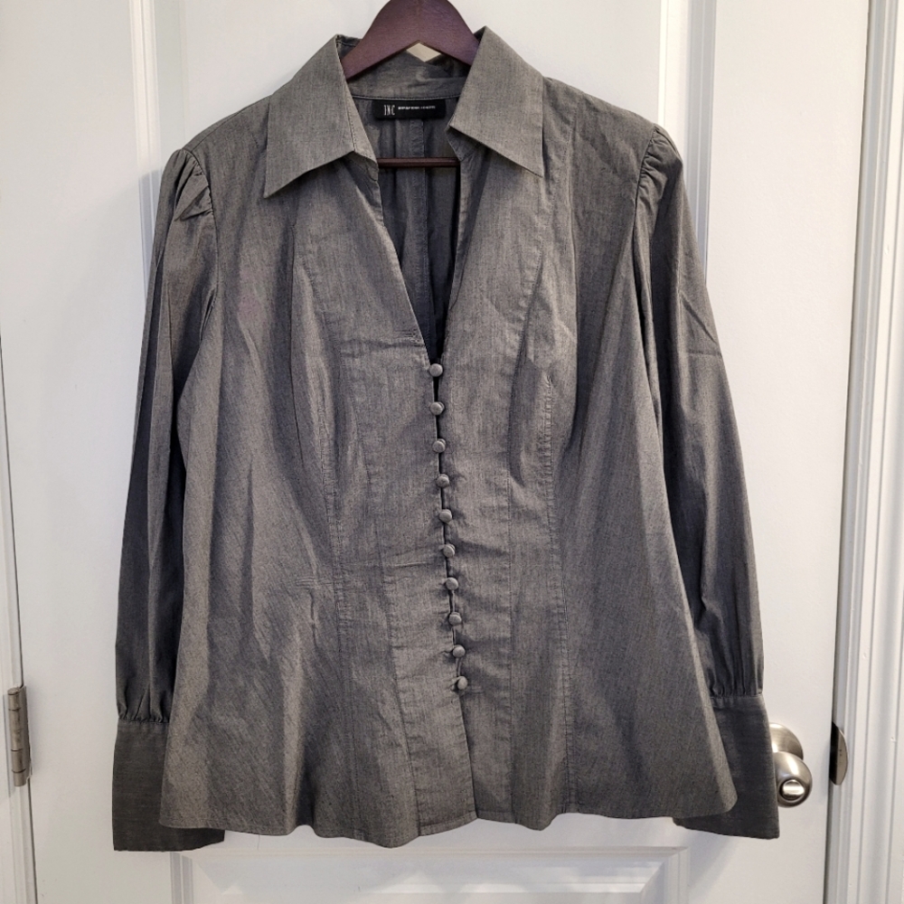INC International Concepts Smoky Gray Cotton Ruffled Corset Button Down Shirt 10